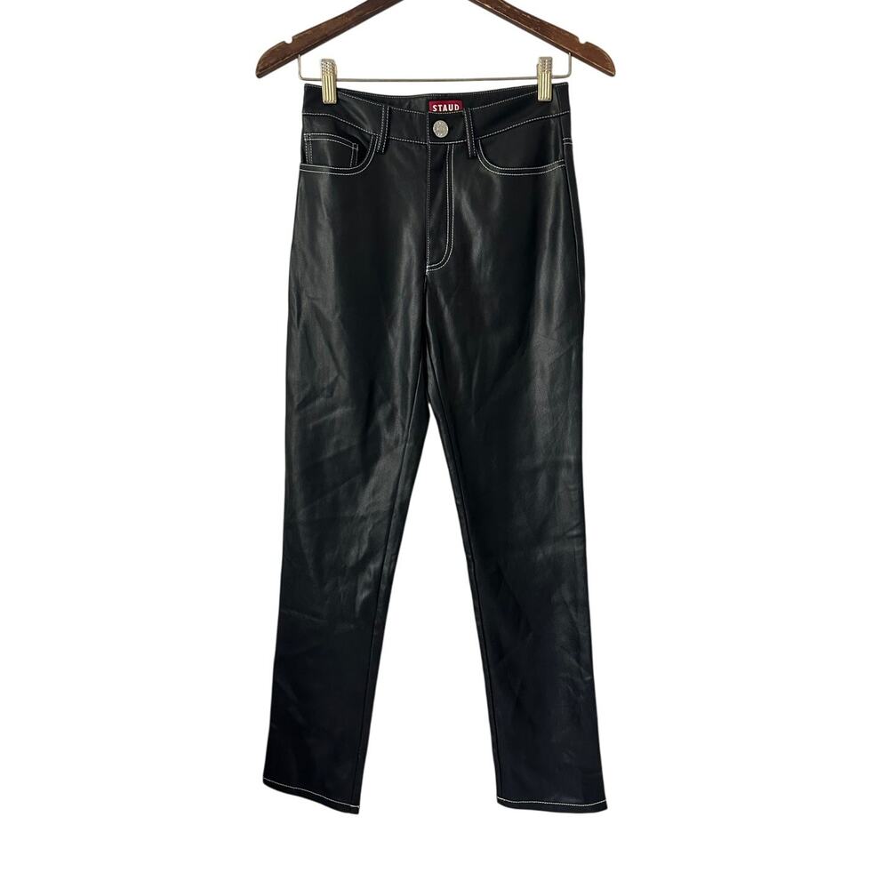 STAUD Faux Leather Pants with White Contrasting Stitching size 0 - Picture 4 of 14